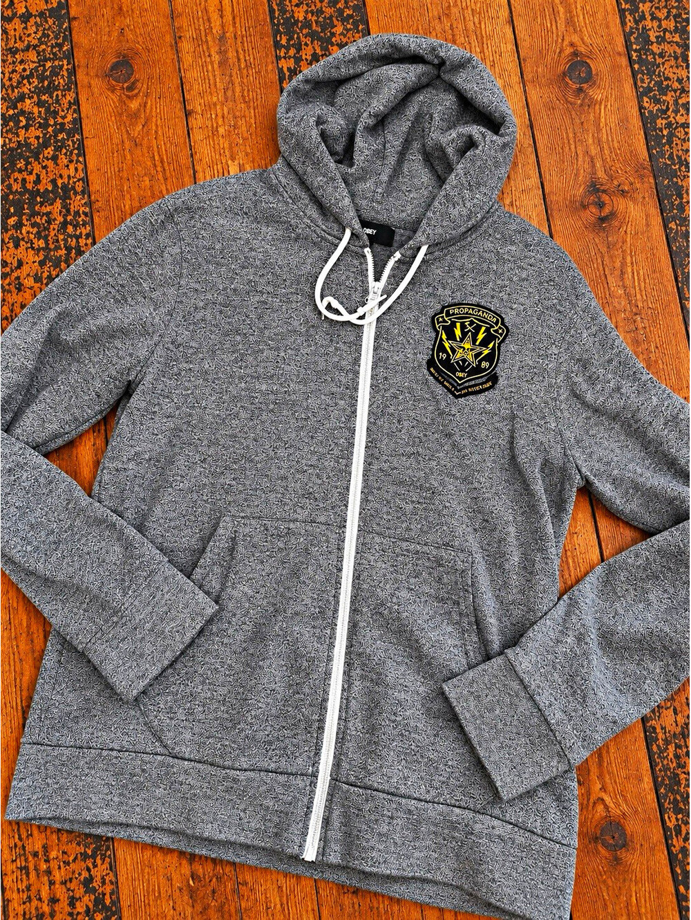 OBEY Men’s Gray Full Zip Fleece Hoodie Embroidered Logo Patch Pockets Size L